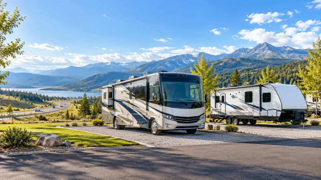 Travel trailer parked on a residential gravel driveway surrounded by northeastern autumn trees