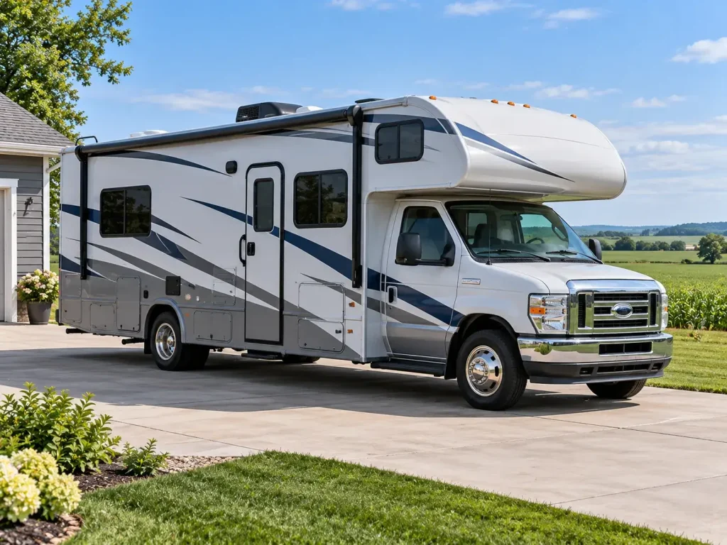 Fifth-wheel travel trailer parked in a spacious outdoor RV storage facility surrounded by trees
