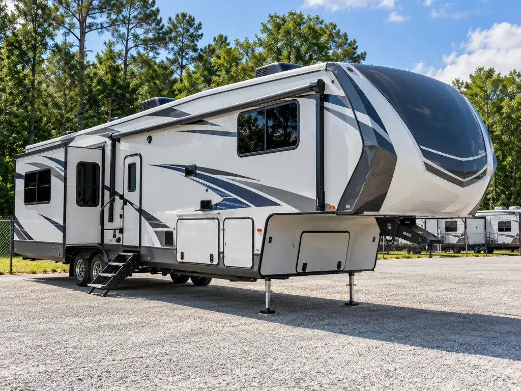 Camper van and travel trailer parked against a backdrop of western mountains and blue sky