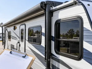 Close-up of travel trailer windows, roofline and exterior seals during a condition review