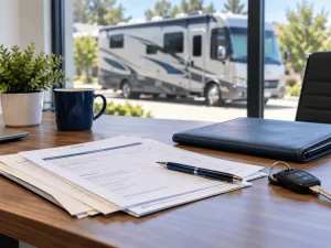 Vehicle paperwork, keys and pen arranged on a desk with a motorhome in the background