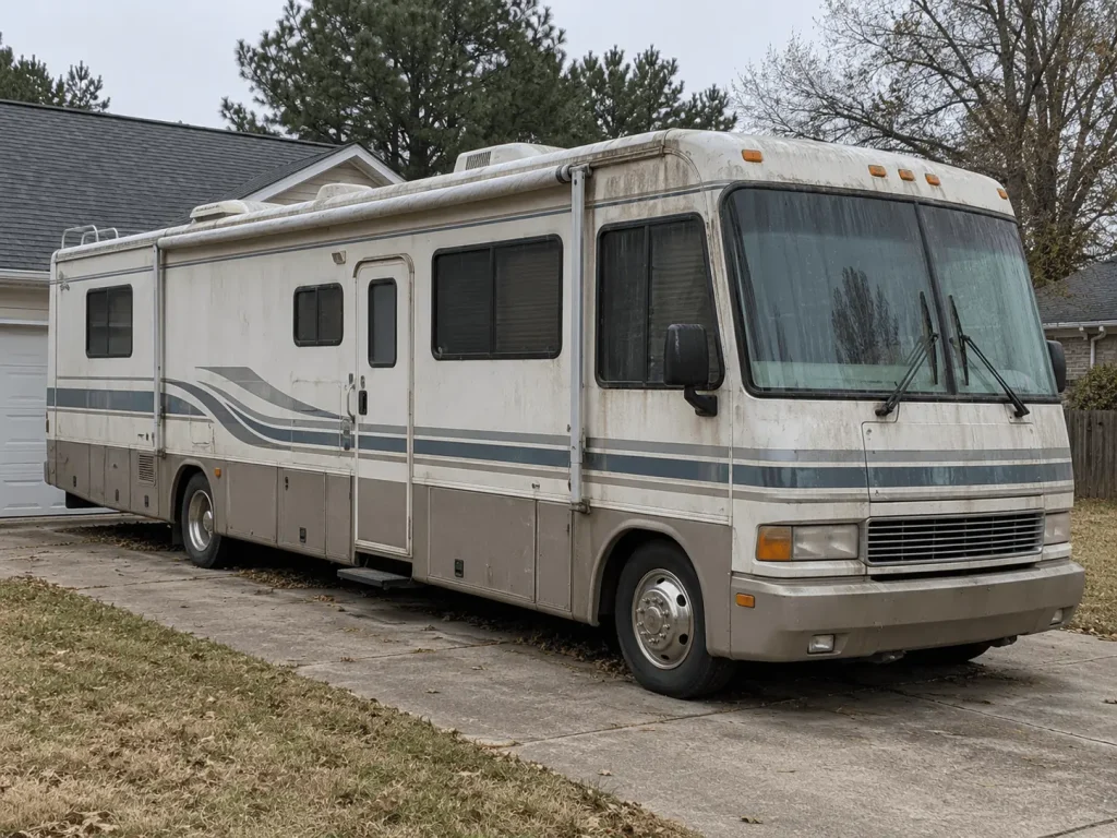 Older Class A motorhome showing light weathering after an extended period in storage