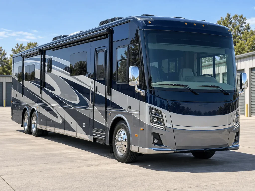 Modern Class A motorhome with large windshield parked at an outdoor RV storage facility