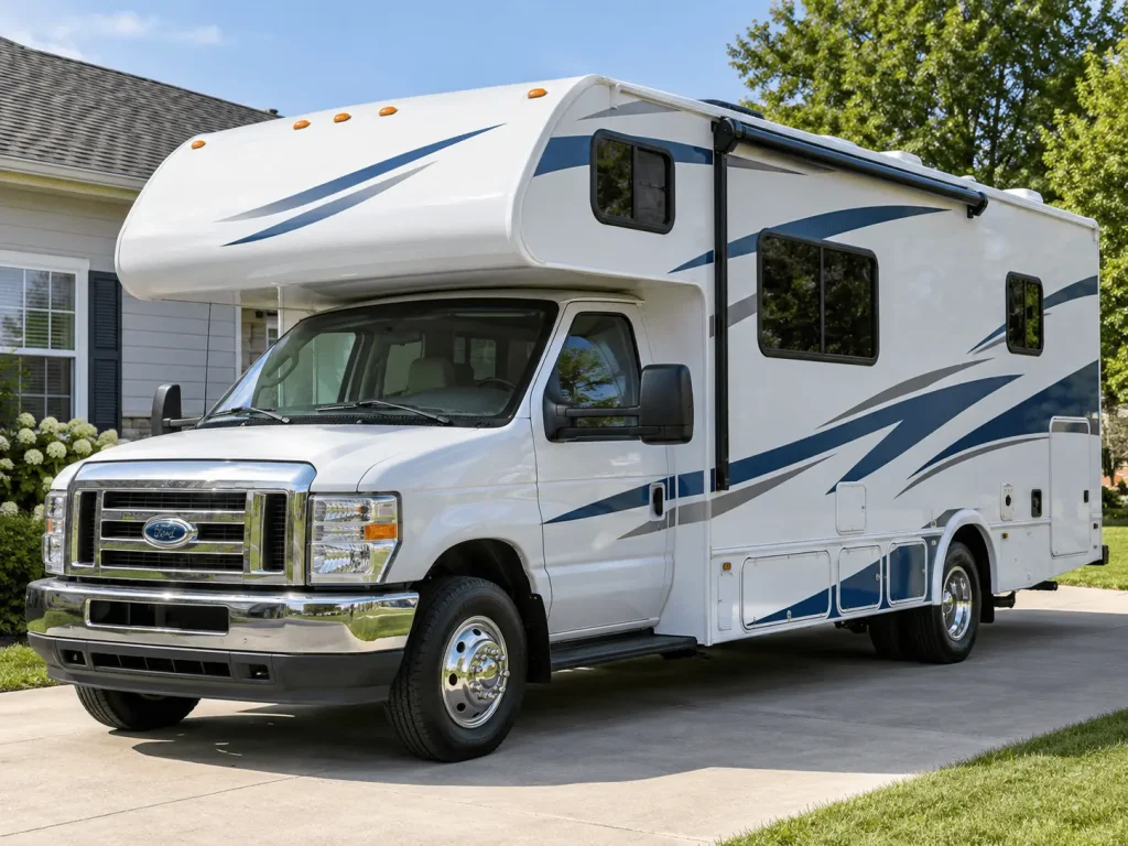 White Class C motorhome with over-cab sleeping area parked beside a residential home