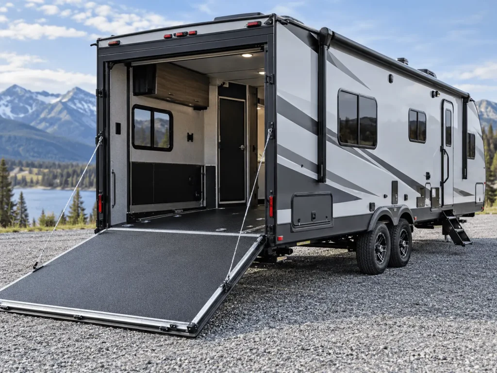 Toy hauler travel trailer with rear cargo ramp lowered at an outdoor parking area