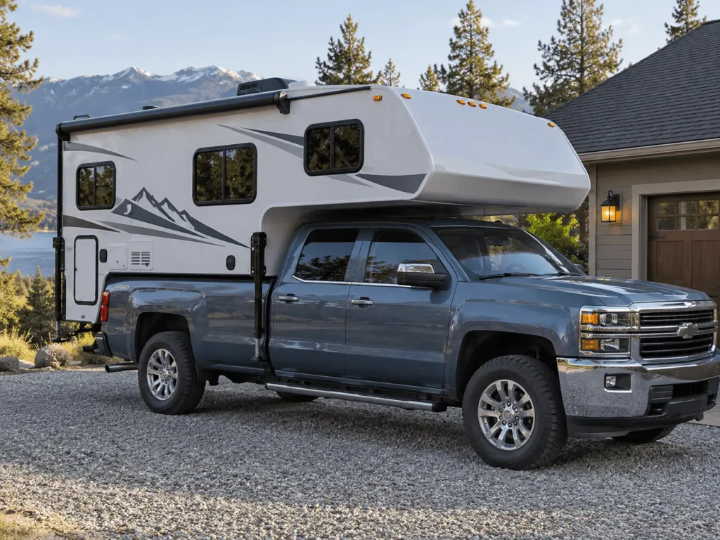 Slide-in truck camper mounted on a full-size pickup truck in a residential driveway