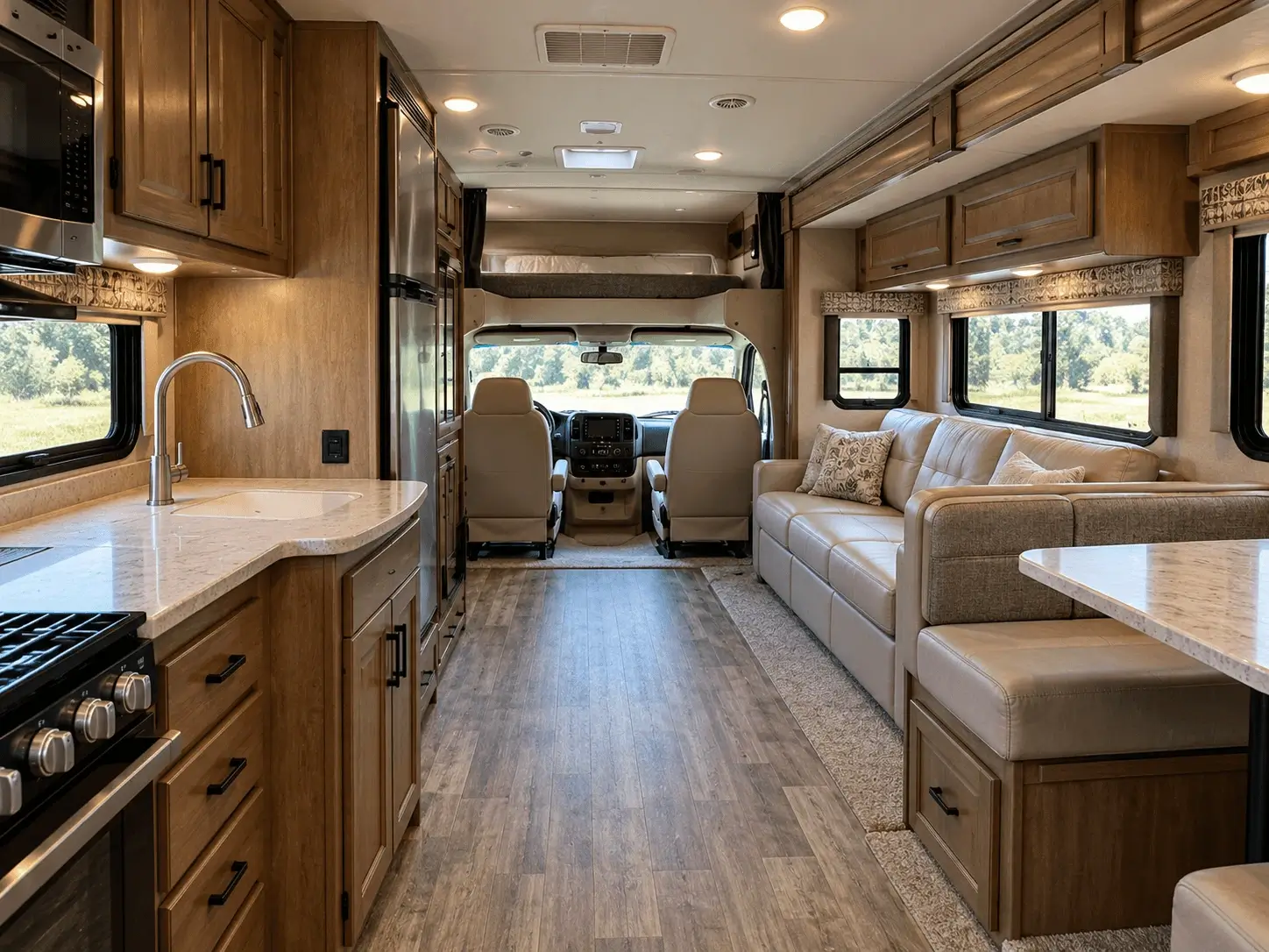 Interior of a motorhome showing seating, kitchen cabinets, windows and living space